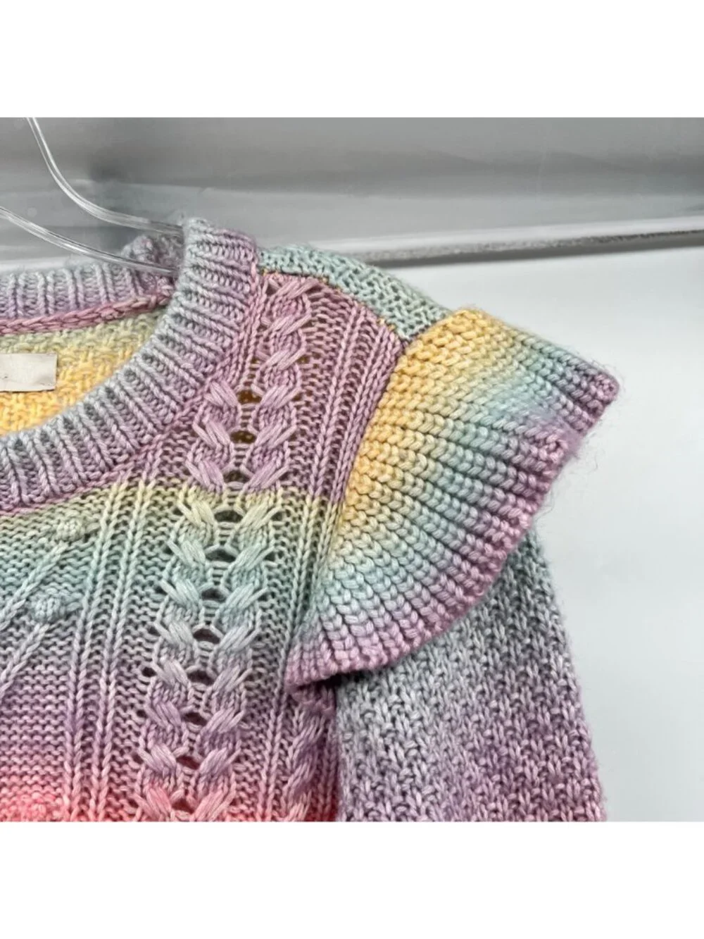 Loft Womens Rainbow Knit Sweater Long Sleeve Ruffle Shoulder Size Small